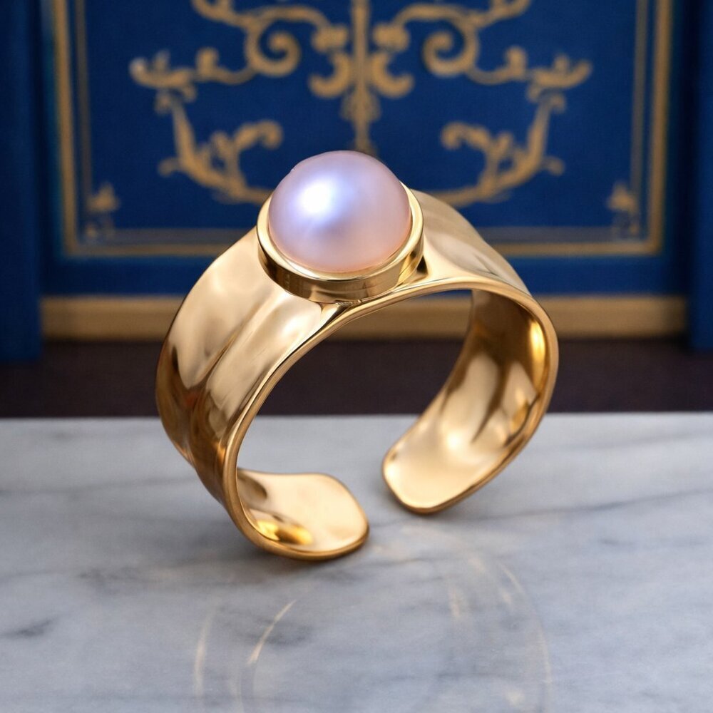 Celestial Statement Ring 18K Gold Plated Adjustable with Faux Pearl Glow - Picture 6 of 12
